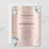 Aquarellblauer Schmetterling Rose Gold Geburtstag Einladung (Vorderseite)