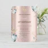 Aquarellblauer Schmetterling Rose Gold Geburtstag Einladung (Stehend Vorderseite)