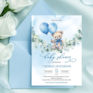 Aquarellblauer und brauner Teddybär mit Ballons Einladung