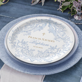 Aquarellblauer Wappen Baby Boy Taufe Pappteller