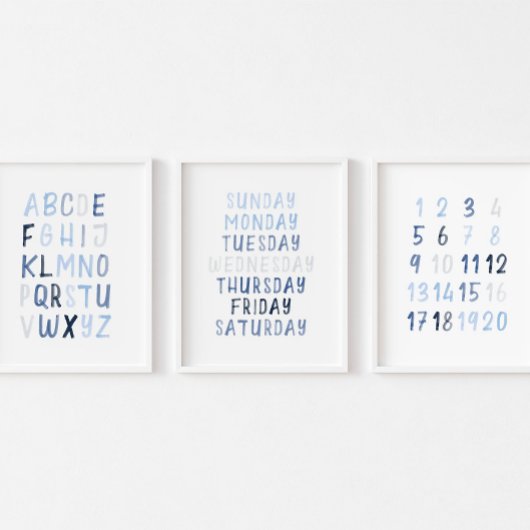 Aquarellblaues pädagogisches Set von 3 Kunstdrucke