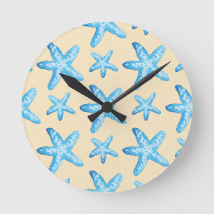 Aquarellblaues Starfish-Muster Runde Wanduhr