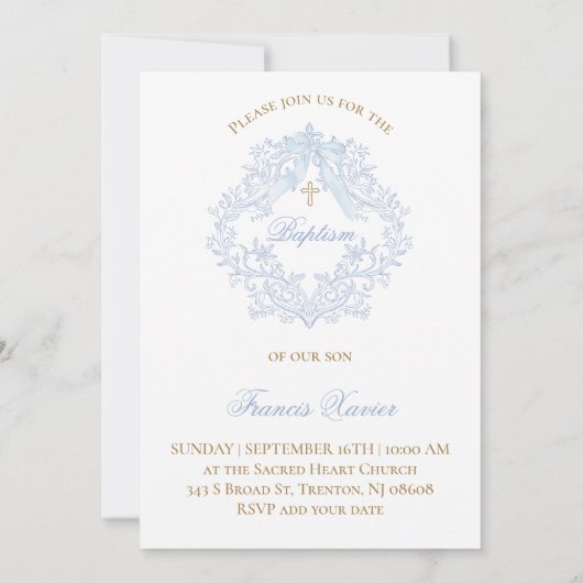 Aquarellblaues Wappen Taufe Einladung (Rückseite)