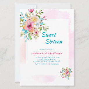 Aquarellblume 16 . Geburtstag mit rosa Rahmen Einladung