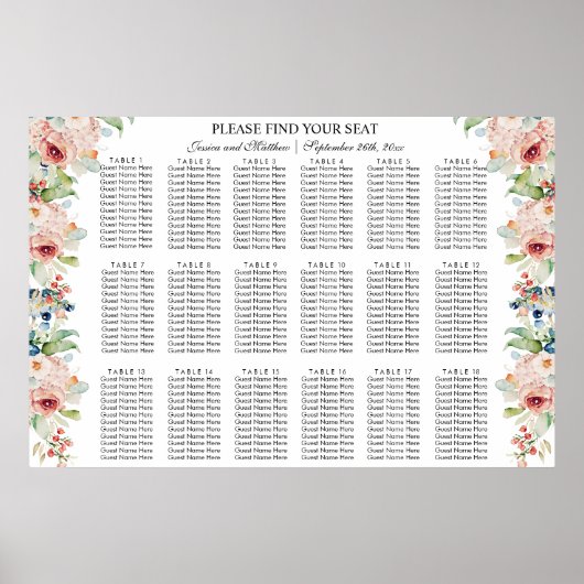 Aquarellblume 18 Tische Hochzeitssitze Poster (Vorne)