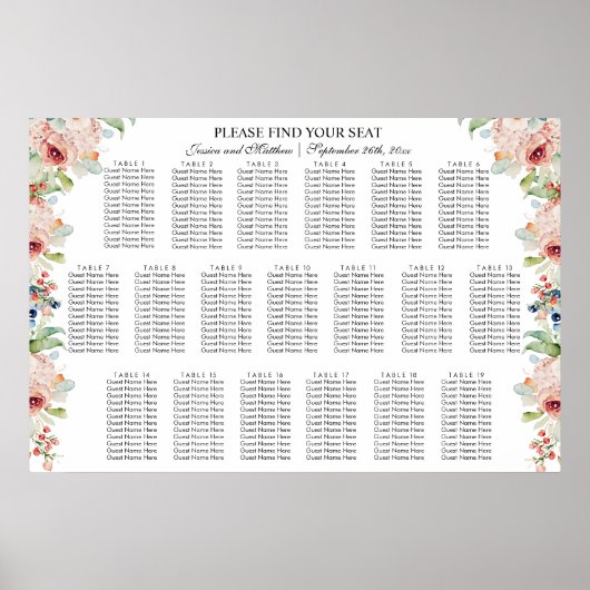 Aquarellblume 19 Tische Hochzeitssitze Poster (Vorne)