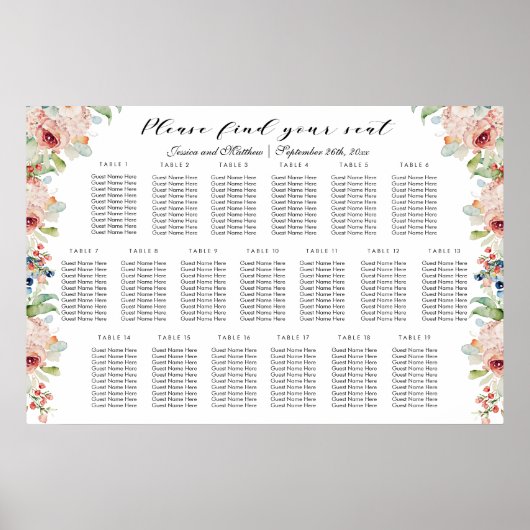Aquarellblume 19 Tische Hochzeitssitze Poster (Vorne)