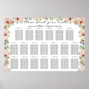 Aquarellblume 20 Tische Hochzeitssitze Poster