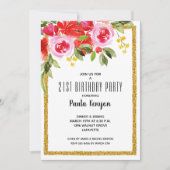 Aquarellblume 21. Geburtstag Glitzer Party Einladung (Vorderseite)