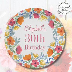 Aquarellblume 30. Geburtstag Pappteller