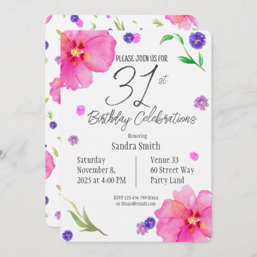Aquarellblume 31. Geburtstag Einladung (Vorne/Hinten)