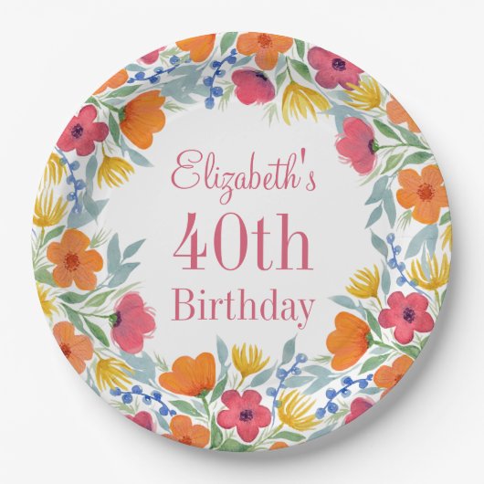 Aquarellblume 40. Geburtstag Pappteller (Vorderseite)