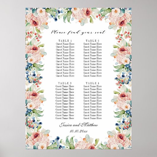 Aquarellblume 4 Tische Hochzeitssitze Poster (Vorne)