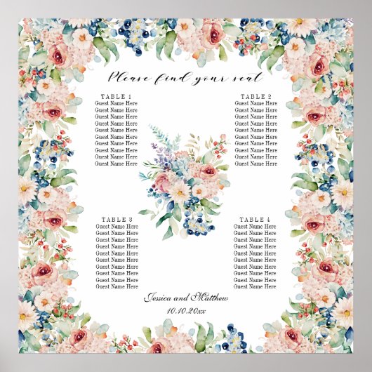 Aquarellblume 4 Tische Hochzeitssitze Poster (Vorne)