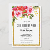 Aquarellblume 50. Geburtstag Glitzer Party Einladung (Vorderseite)