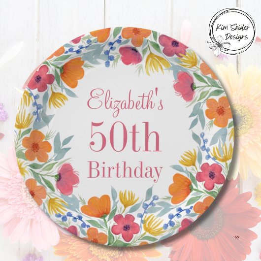 Aquarellblume 50. Geburtstag Pappteller