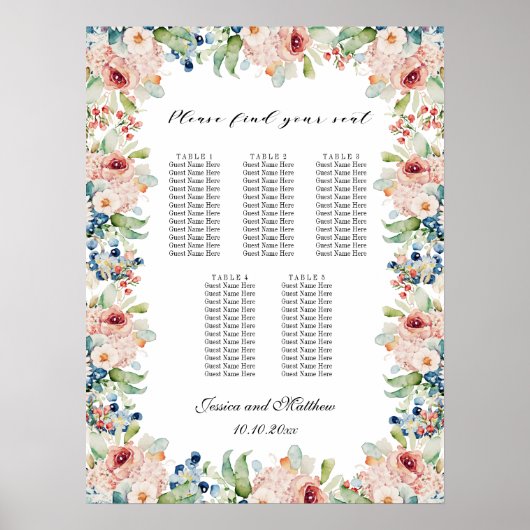 Aquarellblume 5 Tische Hochzeitssitze Poster (Vorne)