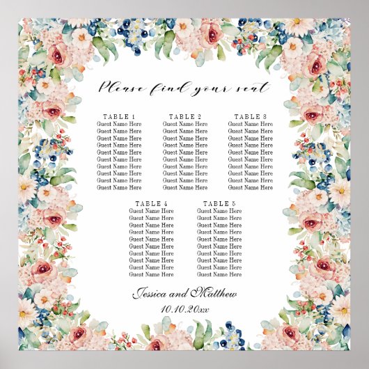 Aquarellblume 5 Tische Hochzeitssitze Poster (Vorne)