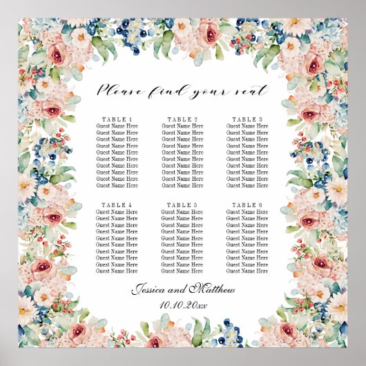 Aquarellblume 6 Tische Hochzeitssitze Poster (Vorne)