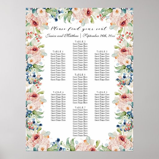 Aquarellblume 7 Tische Hochzeitssitze Poster (Vorne)