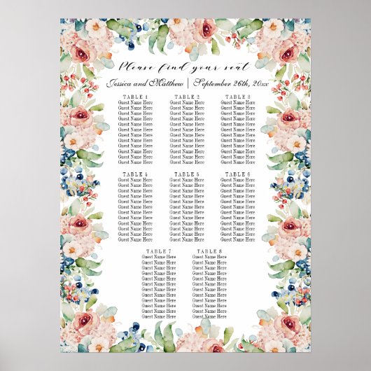 Aquarellblume 8 Tische Hochzeitssitze Poster (Vorne)