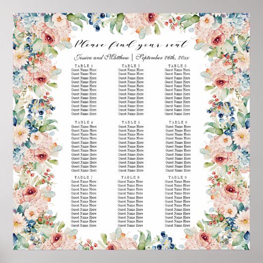 Aquarellblume 9 Tische Hochzeitssitze Poster (Vorne)