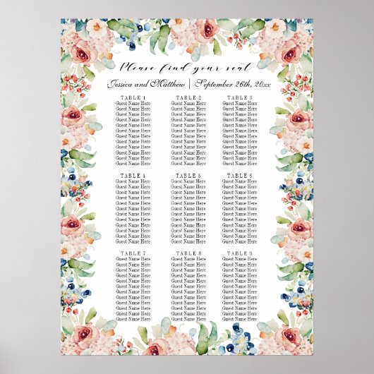 Aquarellblume 9 Tische Hochzeitssitze Poster (Vorne)