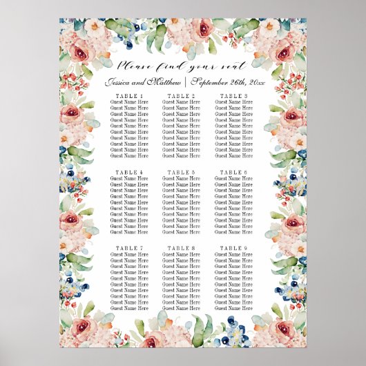 Aquarellblume 9 Tische Hochzeitssitze Poster (Vorne)