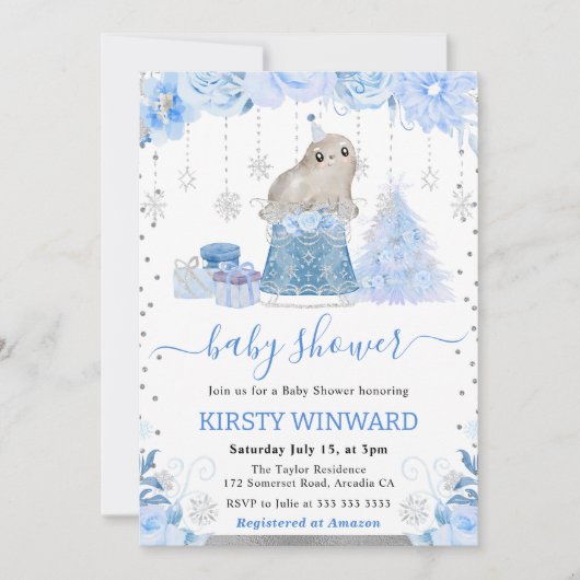 Aquarellblume Arktis Siegel Babydusche Einladung (Vorderseite)