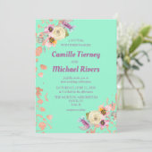 Aquarellblume auf Neo Minze mit Rose Gold Einladung (Stehend Vorderseite)