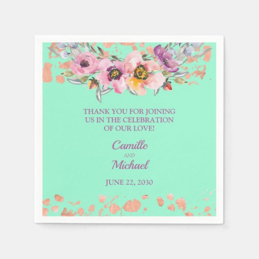 Aquarellblume auf Neo Minze mit Rose Gold Serviette (Vorderseite)