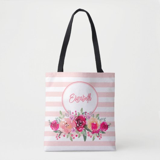 Aquarellblume auf rosa Streifen Monogramm Tasche B (Vorderseite)