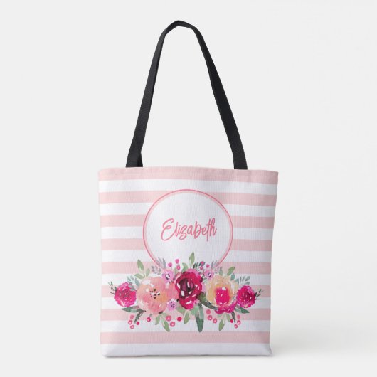 Aquarellblume auf rosa Streifen Monogramm Tasche B (Rückseite)