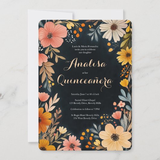 Aquarellblume aus dunklem Quinceñera CUSTOM Einladung (Vorderseite)