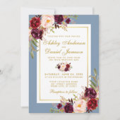 Aquarellblume Burgundy Dusty Blue Gold Wedding Einladung (Vorderseite)