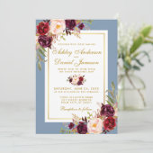 Aquarellblume Burgundy Dusty Blue Gold Wedding Einladung (Stehend Vorderseite)