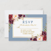 Aquarellblume Burgundy Dusty Blue Gold Wedding RSVP Karte (Vorderseite)