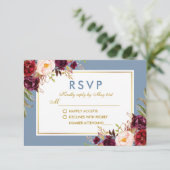 Aquarellblume Burgundy Dusty Blue Gold Wedding RSVP Karte (Stehend Vorderseite)
