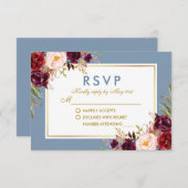 Aquarellblume Burgundy Dusty Blue Gold Wedding RSVP Karte (Vorne/Hinten)