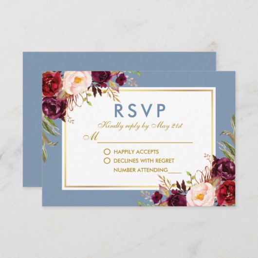 Aquarellblume Burgundy Dusty Blue Gold Wedding RSVP Karte (Vorne/Hinten)