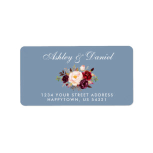Aquarellblume Burgundy Dusty Blue Wedding Adressaufkleber