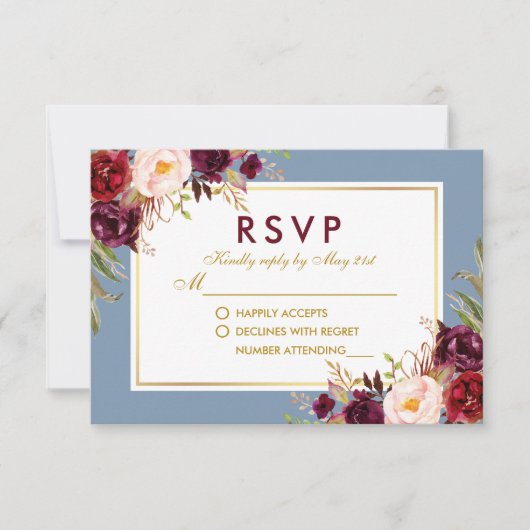 Aquarellblume Burgundy Dusty Blue Wedding RSVP Karte (Vorderseite)