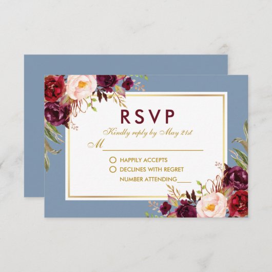 Aquarellblume Burgundy Dusty Blue Wedding RSVP Karte (Vorne/Hinten)