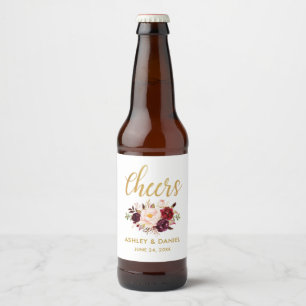 Aquarellblume Burgundy Gold Wedding Cheers Bierflaschenetikett