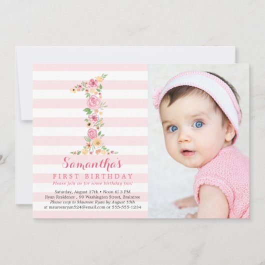 Aquarellblume Eins Geburtstag mit Foto Einladung (Vorderseite)