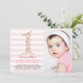 Aquarellblume Eins Geburtstag mit Foto Einladung (Stehend Vorderseite)