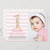 Aquarellblume Eins Geburtstag mit Foto Einladung (Vorne/Hinten)