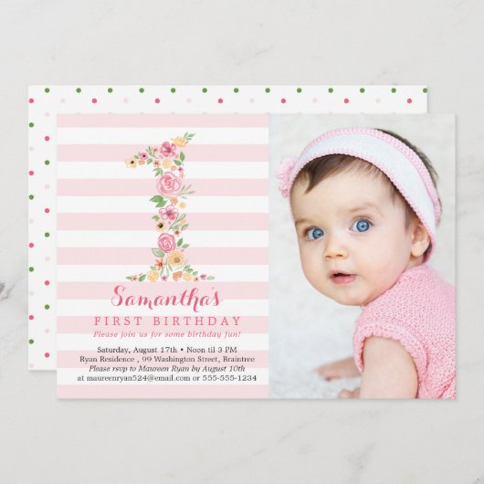 Aquarellblume Eins Geburtstag mit Foto Einladung (Vorne/Hinten)