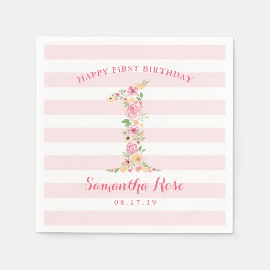 Aquarellblume Eins Geburtstag Serviette (Vorderseite)