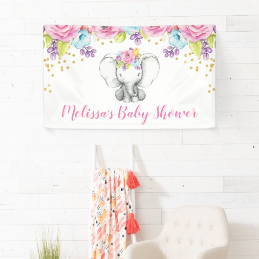 Aquarellblume Elefant Babydusche Banner (Insitu)